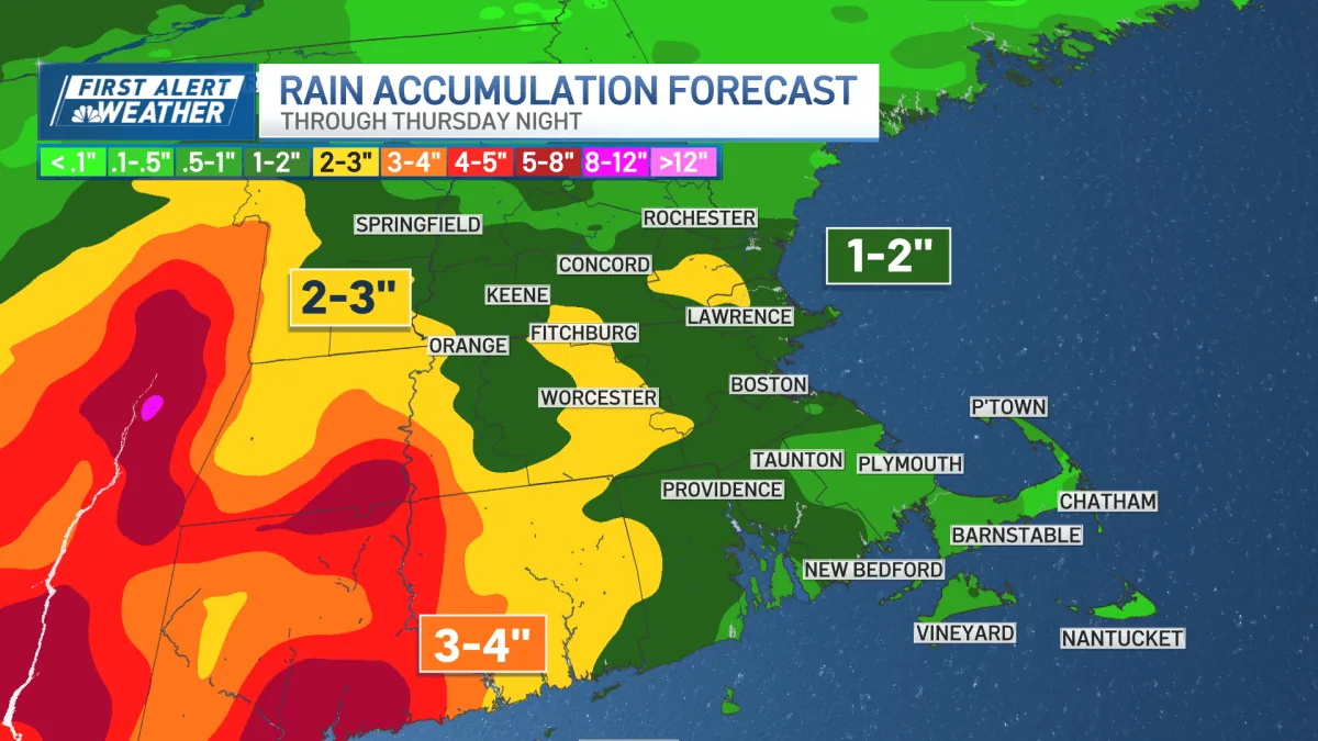 Flood Watch, Severe Thunderstorm Warning Cover Massachusetts as Slow Rain System Threatens Heavy Downpours Through Wednesday