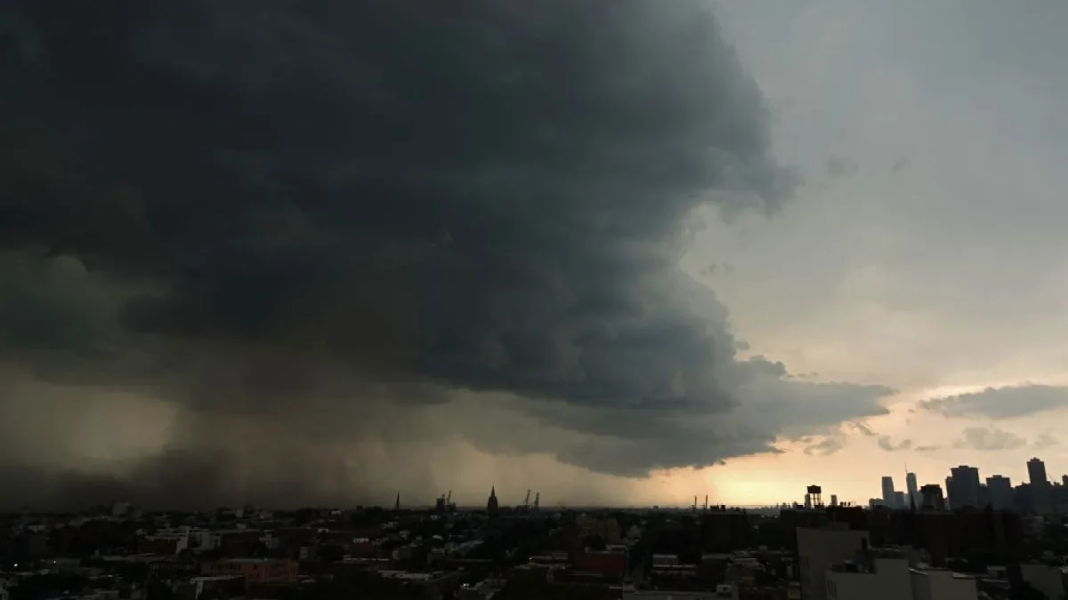 Dark storm clouds over the New York City skyline during a severe weather threat